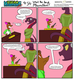 angry anthro cochlear_implant_processor crossed_arms deaf desk dialogue female furniture male nervous nervous_smile plaque table text baristagamerproductions ada_(gem_hunters) mammal mouse murid murine reptile rodent scalie snake absurd_res comic english_text hi_res