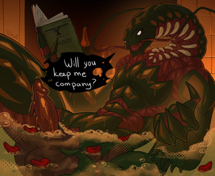 4_hands alcohol anthro bath bathing beverage book bubble claws detailed_background erection exoskeleton genitals glowing glowing_eyes holding_object long_neck looking_at_viewer male multi_hand muscular open_mouth penis scales solo teeth text throbbing throbbing_penis tvmob arthropod centipede myriapod absurd_res hi_res