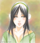 accessory black_hair blind blue_eyes blush blush_stickers clothing collarbone disability earmuffs eyelashes female gradient gradient_background hair hair_accessory hairband lips long_hair not_furry simple_background solo topwear v-neck white_eyes nermallion avatar:_the_last_airbender nickelodeon toph_beifong human mammal 2007 bust_portrait portrait