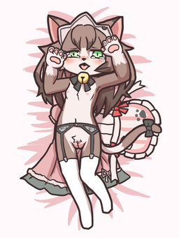 anthro bell blush bodily_fluids brown_body brown_fur brown_hair clitoris clothing discarded_clothing female flat_chested fur genitals green_eyes hair lying maid_headdress maid_uniform mostly_nude navel nipples on_back solo tears uniform vulva young young_anthro young_female starman75042 cat_busters charlotte_(cat_busters) domestic_cat felid feline felis mammal 3:4