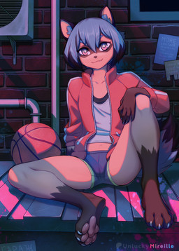 anthro ball basketball_(ball) bedroom_eyes blue_hair bottomwear brick brick_wall brown_body camel_toe claws clothing countershade_tail countershading dipstick_hair dipstick_tail facial_markings female finger_claws fluffy fluffy_tail gloves_(marking) hair head_markings jacket leg_markings markings narrowed_eyes pawpads paws pipe red_clothing red_jacket red_topwear seductive shirt shorts snaggle_tooth socks_(marking) solo spread_legs spreading tail tail_markings teeth toe_claws topwear wall_(structure) unluckymireille brand_new_animal studio_trigger michiru_kagemori canid canine mammal raccoon_dog tanuki absurd_res hi_res