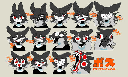 anthro blush blush_lines creepy creepy_face expressions female grey_background sharp_teeth simple_background solo teeth 87sukiyaki lagomorph leporid mammal monster rabbit 2025 dated hi_res
