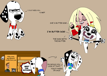 black_clothing black_fingerless_gloves black_gloves black_handwear black_pawpads black_spots blonde_hair blue_collar butter butter_on_head clothing collar dairy_products female feral fingerless_gloves floppy_ears food freckled_face freckles fur gloves group hair handwear heterochromatic_ears jacket leg_markings long_hair male markings pawpads red_clothing red_jacket red_topwear socks_(marking) spots text topwear trio white_body white_fur white_spots redundantmodule 101_dalmatian_street 101_dalmatians disney delilah_(101_dalmatians) dolly_(101_dalmatians) dylan_(101_dalmatians) hunter_de_vil canid canine canis dalmatian domestic_dog human mammal english_text hi_res