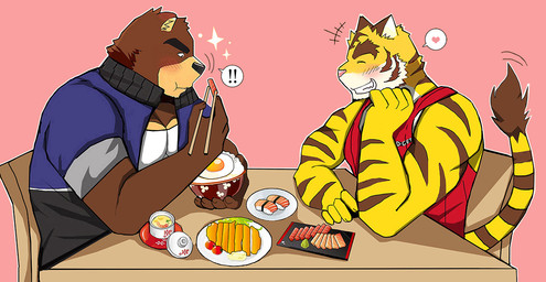 anthro barbecue biceps blue_eyes blush chef chest_tuft chopsticks clothed clothing cooking cutlery date dumplings duo eating eating_food egg eyebrows food fork fruit fur heart_symbol japanese japanese_food kitchen_utensils knife love male muscular muscular_male pecs pink_background pink_nose plant plate romantic romantic_couple shirt side_view simple_background speech_bubble states stripes summer sushi systemic tank_top thick_eyebrows tomato tools topwear tuft white_body white_fur bearlovestiger13 morenatsu juuichi_mikazuki torahiko_ooshima bear felid mammal pantherine tiger 2016 pictographics