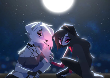 5_fingers anthro biped black_hair cigarette clothed clothing collar duo female female/female fingers fur hair looking_at_another moon night outside scene_interpretation sky spiked_collar spikes star starry_sky white_body white_fur white_hair hauriopingo hellaverse helluva_boss mythology loona_(helluva_boss) octavia_(helluva_boss) avian bird canid canid_demon canine canis demon hellhound hybrid mammal mythological_canine mythological_creature owl owl_demon wolf hi_res