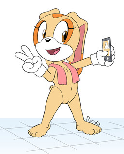 anthro brown_eyes cellphone clothing electronics female genitals gesture gloves hand_gesture handwear holding_cellphone holding_object holding_phone loli nude open_mouth phone selfie solo tan_body towel towel_around_neck v_sign vulva young young_anthro young_female dozada sega sonic_the_hedgehog_(series) cream_the_rabbit lagomorph leporid mammal rabbit hi_res