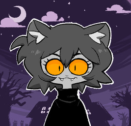ambiguous_gender black_clothing black_shirt black_topwear building clothing cloud cloudy_sky crescent_moon dead_tree eyelashes grey_body grey_hair hair house looking_at_viewer moon plant pupils purple_background shirt simple_background sky slit_pupils solo topwear tree yellow_sclera newtype_hero unnamed_character animal_humanoid cat_humanoid felid felid_humanoid feline feline_humanoid humanoid mammal mammal_humanoid low_res
