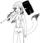 bottomwear breasts clothed clothing crossgender female hammer one_eye_closed shorts sledgehammer smile solo suspenders suspenders_on_nipples tools topless wink kaxbe bittersweet_candy_bowl paulo's_dad domestic_cat felid feline felis mammal hi_res line_art monochrome