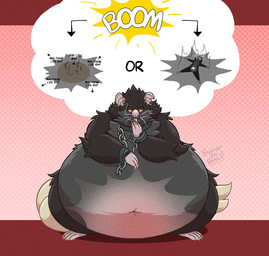 belly_blush black_body black_fur black_hair black_text blush body_blush border bursting directional_arrow fur grey_body grey_fur hair logo obese onomatopoeia overweight popping red_border shadow sound_effects speech_bubble text white_text swearinpencil explodent mammal murid murine rat rodent 2025 artist_logo artist_name