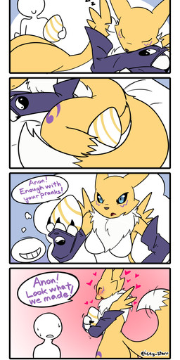 anthro blush bodily_fluids dialogue duo egg faceless_character faceless_male female happy male prank sweat tail tail_motion tailwag icey_(artist) bandai_namco digimon digimon_(species) renamon absurd_res comic hi_res