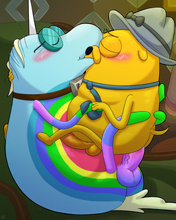 anal anal_penetration anthro balls blue_body blush clothed clothing duo genitals hand_holding hat headgear headwear horn kiss_on_lips kissing male male/male multicolored_body neckwear nude partially_clothed penetration penis rainbow_body sitting slightly_chubby slightly_chubby_male yellow_body leothelionel adventure_time cartoon_network mythology bob_rainicorn joshua_the_dog canid canine equid equine mammal mythological_creature mythological_equine rainicorn unicorn absurd_res hi_res