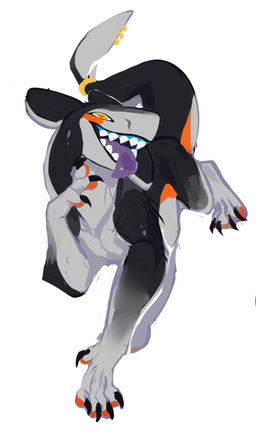 accessory ambiguous_gender black_body black_claws claws feral furgonomic_piercing furgonomics grey_body jewelry looking_at_viewer open_mouth orange_body orange_eyes piercing pupils purple_tongue quadruped ring_piercing sharp_teeth simple_background slit_pupils solo tail tail_accessory tail_jewelry tail_piercing tail_ring_(piercing) teeth three-quarter_view tongue tongue_out unsigned white_background corzh77 species_request absurd_res full-length_portrait hi_res portrait