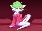 3_fingers bed clothed clothing cowlick female fingers furniture green_hair hair hand_on_leg heart_symbol looking_away not_furry off_shoulder pillow red_background red_eyes short_hair simple_background sitting smile solo sweater topwear kordcross nintendo pokemon mia_(marbearis) gardevoir generation_3_pokemon humanoid pokemon_(species) 2020 hi_res