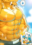 abs anthro biceps body_hair chest_hair chest_tuft duo eyebrows fangs happy_trail heterochromia male muscular muscular_anthro muscular_arms muscular_male nipples pecs sea teeth tuft water white_eyebrows yellow_body kuulongarl kuuro_(kuulongarl) seidou_daiga_(kuulongarl) canid canine canis mammal wolf