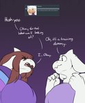 2022 5_fingers alternate_species anthro bovid breasts brown_hair caprine clothed clothing dialogue digital_media_(artwork) duo e621 english_text female fingers frisk_(undertale) fur goat hair long_ears mammal mascot robertge text toriel undertale undertale_(series) white_body white_fur