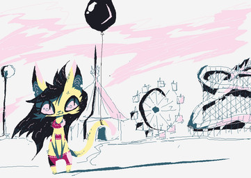 :3 amusement_park amusement_ride anthro balloon black_hair clothed clothed_female clothing detailed_background female fur hair holidays inflatable outside smile solo yellow_body yellow_fur naircat domestic_cat felid feline felis mammal 2017 digital_media_(artwork) microsoft_paint_(artwork)