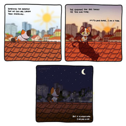 feral fur male outside rooftop sky smile solo sunset tail text kashicats cali_(kashicats) domestic_cat felid feline felis mammal 1:1 comic digital_media_(artwork) english_text