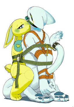 anthro armless barefoot bdsm bent_legs bit_gag blush bondage bound bound_together cobondage cuff_(restraint) detachable detachable_limbs duo feet female forced forced_partners from_front_position fully_bound gag gagged half-closed_eyes hands_behind_back kneeling looking_at_viewer machine male narrowed_eyes nude on_lap rear_view restraints rope rope_bondage rope_harness saint_position seiza sex shackles sitting straddling submissive submissive_female submissive_male tail tail_bondage tail_cuff tail_tied kigoh-neko gizee kigoh domestic_cat felid feline felis lagomorph leporid mammal rabbit robot