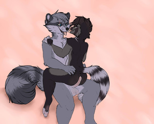 anthro anus balls blue_eyes bodily_fluids duo female genital_fluids genitals green_eyes hot_dogging humanoid_genitalia humanoid_penis kissing licking male male/female nude penis precum scar sex sitting tongue tongue_out whitefeathersrain mammal procyonid raccoon 2015 absurd_res hi_res
