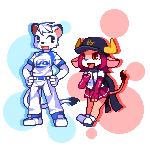 anthro duo female fur kemono male mascot red_body red_eyes red_fur white_body white_fur shio_inu nippon_professional_baseball orix_buffaloes saitama_seibu_lions buffalo_bell lina_(saitama_seibu_lions) bovid bovine felid lion mammal pantherine true_buffalo water_buffalo 1:1 digital_media_(artwork) low_res pixel_(artwork) thumbnail