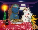 black_nose blue_body blue_fur candle collar duo eating female feral food full_moon fur furniture male male/female markings mask moon night noodles ramen red_markings shinto_gate sky smile star starry_sky table white_body white_fur emberwolfsart capcom clover_studio disney lady_and_the_tramp okami_(capcom) spaghetti_scene amaterasu_(okami) oki_(okami) canid canine canis deity mammal wolf