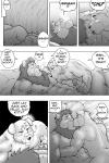 2:3 anthro armpit_hair bed big_muscles body_hair canid canine canis comic dialogue distance domestic_dog duo english_text erection felid furniture genitals greyscale humanoid_genitalia humanoid_penis kissing lion male male/male mammal monochrome muscular muscular_male pantherine penis ryuu_majin text