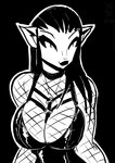 2023 anthro black_and_white black_background breasts cleavage clothed clothing conditional_dnp domestic_cat felid feline felis female fishnet_clothing fishnet_topwear hair jollyjack mammal monochrome outline simple_background solo topwear white_outline