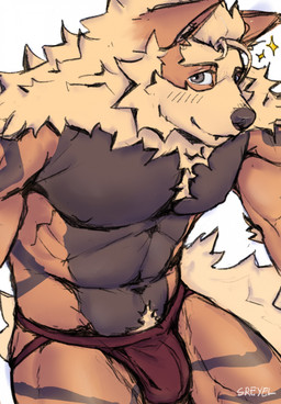 anthro body_hair bulge clothed clothing fur hair happy_trail jockstrap jockstrap_only looking_at_viewer male navel solo striped_body striped_fur stripes tail topless underwear underwear_only sreyel nintendo pokemon arcanine generation_1_pokemon pokemon_(species) 2026 hi_res