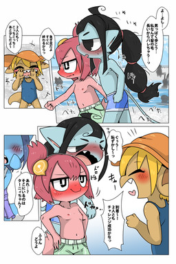 accessory anthro black_hair blonde_hair blue_body blush bodily_fluids bottomwear breasts brown_body clothed clothing crossdressing dialogue embarrassed fangs female group hair hair_accessory hairpin hands_on_hips hat headgear headwear heart_symbol loli nipples one-piece_swimsuit outside pink_body ponytail poolside red_hair skirt small_breasts smile sun_hat sweat swimming_trunks swimwear teeth text tied_hair topless topless_female trio young young_anthro young_female doneru male_swimwear_challenge dima_(doneru) laia_(doneru) reines_(doneru) tany_(doneru) bamfear scalie unknown_species 2:3 comic hi_res japanese_text right_to_left translation_check translation_request adult_(lore)