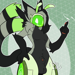 2_tails 4_ears animal_genitalia antennae_(anatomy) anthro cat_tail fully_sheathed genitals hair handpaw long_hair machine male multi_ear multi_tail nude pawpads paws sheath solo standing tail visor jellylewdsu protogen 1:1 hi_res
