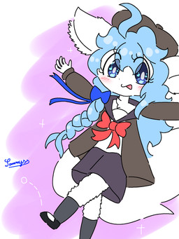 5_fingers adolescent anthro asian_clothing beret big_tail black_nose blue_eyes blue_hair blush bottomwear bow_ribbon brown_clothing brown_topwear clothing east_asian_clothing eyelashes female fingers footwear fur hair hat headgear headwear inner_ear_fluff japanese_clothing japanese_school_uniform long_hair looking_at_viewer open_mouth purple_background school_uniform serafuku shoes simple_background skirt socks tail topwear tuft uniform white_body white_ears white_fur white_inner_ear_fluff white_tail young young_anthro young_female conditional_dnp xammyxx keiko_(xammyxx) arctic_fox canid canine fox mammal true_fox 2026 3:4 digital_media_(artwork) flat_colors hi_res ibispaint_(artwork) signature watermark