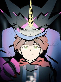 anthro black_body black_sclera blue_cape blue_clothing brown_hair cape claws clothing duo green_eyes hair hand_on_shoulder horn jacket male size_difference topwear white_eyes noire02_a bandai_namco digimon digimon_ghost_game hiro_amanokawa digimon_(species) gulusgammamon human mammal 3:4 absurd_res hi_res