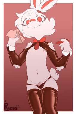 adolescent anthro biped black_clothing black_legwear black_panties black_stockings black_underwear bulge cheek_tuft claws clothed clothing cuffs_(clothing) eyebrows facial_tuft flaccid foreskin front_view fur genitals hair holding_note_pad holding_object holding_pen humanoid_genitalia humanoid_penis legwear long_foreskin male navel necktie nipples panties partially_clothed pen penis red_eyes scut_tail short_hair short_tail simple_background skimpy solo standing stockings tail thigh_highs tuft underwear unretracted_foreskin waiter white_body white_fur white_hair young young_anthro young_male ryess nintendo pokemon generation_8_pokemon pokemon_(species) scorbunny 2026 2:3 absurd_res hi_res