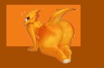 anthro artist_watermark big_butt blush blush_lines bodily_fluids butt eyewear female flat_chested glasses glistening glistening_body glistening_butt kneeling orange_body presenting presenting_hindquarters rear_view shy shy_smile solo sweat text thick_thighs yellow_body vasdocor_09 undertale undertale_(series) alphys dinosaur prehistoric_species reptile scalie artist_name digital_media_(artwork) hi_res signature