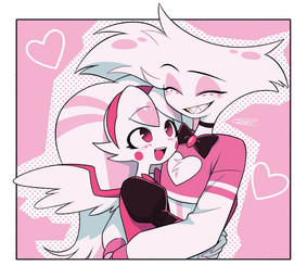 cleavage_cutout clothed clothing cutout duo eyes_closed feathered_wings feathers female hug male wings enaic31 hazbin_hotel hellaverse angel_dust molly_(hazbin_hotel) angel arachnid arthropod demon humanoid spider hi_res monochrome pink_monochrome pink_theme brother_(lore) brother_and_sister_(lore) sibling_(lore) sister_(lore)