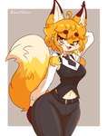 anthro bedroom_eyes belt black_bottomwear black_clothing black_pants blonde_hair bottomwear breasts clothing dipstick_tail female fluffy fluffy_tail fur hair hand_behind_head inner_ear_fluff markings narrowed_eyes navel necktie open_mouth orange_eyes pants seductive simple_background solo tail tail_markings thick_thighs tuft waiter wide_hips yellow_body yellow_fur jasminthemanticore jasmin_(jasminthemanticore) canid canine fox mammal red_fox true_fox 2022 absurd_res digital_drawing_(artwork) digital_media_(artwork) hi_res portrait three-quarter_portrait
