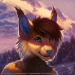 anthro arm_tuft blue_body blue_eyes blue_fur blue_inner_ear_fluff blue_nose blurred_background blush brown_body brown_fur brown_hair cheek_tuft chest_tuft ear_tuft facial_tuft fangs fur glistening glistening_eyes glistening_nose grin hair inner_ear_fluff looking_at_viewer male mountain nude orange_body orange_ears orange_fur outside short_hair shoulder_tuft smile snow snowing solo teeth text tuft whiskers mylafox chevy_dahl felid feline lynx mammal 1:1 2020 bust_portrait dated hi_res portrait signature url