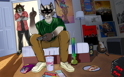 aloha_shirt anthro bong chips_(food) clock clothing drugs duo food footwear furniture_lamp gesture green_clothing green_shirt green_topwear guitar hand_gesture male middle_finger musical_instrument pattern_clothing pattern_shirt pattern_topwear pizza plucked_string_instrument ps5_controller shirt shoes sneakers socks string_instrument substance_intoxication topwear watch white_clothing white_footwear white_shoes white_sneakers ryuzka aphex_twin comedy_central disney electronic_arts ferrari grand_theft_auto grand_theft_auto_v kendrick_lamar mythology need_for_speed rockstar_games south_park zootopia bovid bovine canid canid_demon canine canis cattle demon hellhound mammal mythological_canine mythological_creature procyonid raccoon wolf hi_res