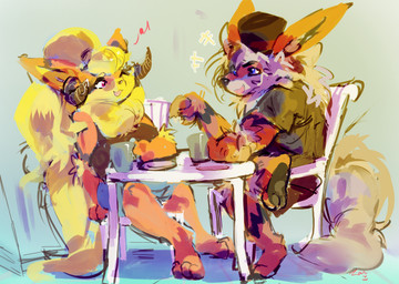 anthro beverage chair clothing coffee coffee_cup container cup duo female fluffy fluffy_tail furniture hat headgear headwear horn male table tail zanthu nintendo pokemon cookie_(cookiewuff) arcanine eeveelution flareon generation_1_pokemon pokemon_(species) hi_res