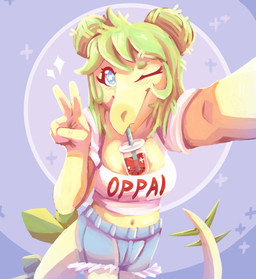abstract_background anthro beverage big_breasts blue_eyes blush bottomwear breasts bubble_tea clothed clothed_anthro clothed_female clothing crop_top denim denim_bottomwear denim_clothing denim_shorts drinking drinking_straw drinking_straw_in_mouth female fingers front_view gesture green_hair hair hair_bun hand_gesture happy holding_with_breast humanoid_hands long_hair long_tail looking_at_viewer non-mammal_breasts one_eye_closed oppai_shirt selfie shirt shorts smile solo spiked_tail spikes spikes_(anatomy) standing tail text topwear twin_buns v_sign white_clothing white_crop_top white_topwear bookbin goodbye_volcano_high ko_op_(game_developer) stella_(gvh_beta) dinosaur ornithischian prehistoric_species reptile scalie stegosaurian stegosaurus thyreophoran artist_name colored half-length_portrait hi_res portrait shaded watermark