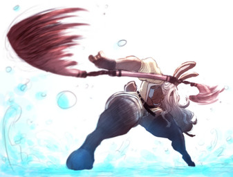 anthro belt big_ears bikini breasts brown_body brown_fur cleavage clothed clothing female fingerless_gloves fur gloves hair handwear huge_hips huge_thighs jacket legwear long_hair low-angle_view medium_breasts melee_weapon open_clothing open_jacket open_topwear solo splash splashing_water staff swimwear tail thick_thighs thigh_highs three-section_staff topwear two-piece_swimsuit water weapon white_hair wide_hips itzjaylock rayne_(itzjaylock) lagomorph leporid mammal rabbit hi_res