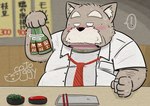 anthro clothing detailed_background drunk facial_hair food humanoid_hands kemono male mature_male mustache necktie overweight overweight_male shirt solo substance_intoxication topwear gatoggy domestic_cat felid feline felis mammal 2024