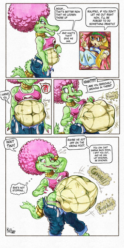 afro after_vore anthro belly big_belly blonde_hair blue_clothing blue_eyes bottomwear brown_body brown_fur clothing denim denim_bottomwear denim_clothing duo female female_pred female_prey fur green_body hair jeans overweight pants purple_clothing purple_shirt purple_topwear shirt speech_bubble text topwear vore killboo donkey_kong_(series) nintendo kalypso tiny_kong kong kremling mammal primate scalie 1:2 2025 comic english_text hi_res