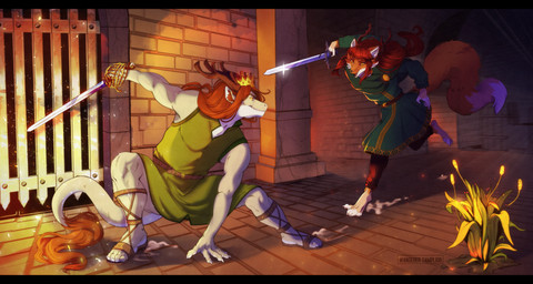 action_pose anthro antlers athletic athletic_male barefoot basket_hilt belt caligae castle claws clothed clothed_anthro clothed_female clothing crouching crown duo dynamic_effects dynamic_lighting eye_contact eyebrows fangs feet female female_anthro fight fighting_pose flower footwear fur glowing glowing_eyes guard hair happy headgear hilt horn inside jerkin_(clothing) left-handed long_hair looking_at_another male male/female mane medieval medieval_clothing melee_weapon muscular muscular_male orange_body orange_fur plant plantain pollen pose prince ribwort_plantain royalty sandals scabbard schiavona shoes smile sparkles sword tail tail_tuft teeth text torch tuft weapon wanderertamplior mythology fenja_(clumsywitch) prince_borgon canid canine dragon fox mammal mythological_creature mythological_scalie scalie absurd_res hi_res huge_filesize story story_in_description url