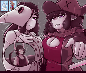 big_breasts breasts clothing costume duo_focus female female_focus group micro potion shrinking size_transformation transformation trio reygunpocket dressuptober eva_(reygunpocket) animal_humanoid bovid bovid_humanoid bovine bovine_humanoid humanoid mammal mammal_humanoid absurd_res hi_res