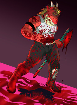 anthro axe blood bodily_fluids boots clothing fangs footwear horn male melee_weapon muscular muscular_anthro muscular_male scared severed_body_part severed_limb shoes solo tattoo teeth weapon fdolagaray monster_(game) mythology delga dragon mythological_creature mythological_scalie scalie hi_res
