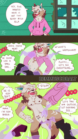 animal_genitalia anthro balls disembodied_hand embarrassed exposed genitals ghost_hand haunted_house humiliation male nude penis penis_humiliation sheath small_penis small_penis_humiliation solo text remmus_cobalt ghost spirit 4k 9:16 absurd_res comic english_text hi_res