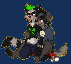 age_difference aged_up alternate_species anthro anthrofied barefoot bite black_eyes black_hair blue_eyes blush clothed clothing duo facial_piercing feet floppy_ears footwear fur furrification green_hair grey_body grey_fur hair highlights_(coloring) male male/male paws piercing playful pulling_pants_down removing_pants shoes shoulder_bite snout tail tongue tongue_out tongue_piercing translucent xiamtheferret cartoon_network teletoon total_drama chris_mclean duncan_(total_drama) canid canine canis domestic_dog mammal procyonid raccoon 2017 alpha_channel signature