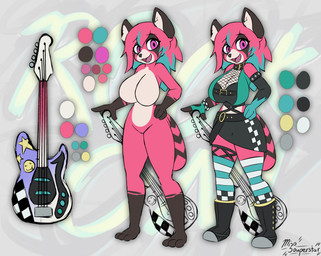 anthro armwear bass_guitar big_breasts black_body black_boots black_clothing black_collar black_footwear black_fur black_gloves black_handwear black_nose black_shirt black_socks black_stripes black_topwear blue_clothing blue_footwear blue_gloves blue_handwear blue_highlights blue_socks boots bottomwear breasts butt cleavage clothed clothed_anthro clothed_female clothing collar color_swatch cute_fangs elbow_gloves exposure_variation fangs featureless_breasts featureless_crotch female female_anthro fingerless_gloves fishnet_clothing fishnet_topwear footwear fur gloves gloves_(marking) green_body green_clothing green_fur green_gloves green_hair green_handwear green_topwear guitar hair hand_on_hip handwear highlights_(coloring) inner_ear_fluff leg_markings legwear markings musical_instrument nude nude_anthro nude_female open_mouth pattern_clothing pattern_footwear pattern_legwear pattern_socks pink_body pink_eyes pink_fur plucked_string_instrument pupils shirt shoes skirt smile socks socks_(marking) solo string_instrument striped_body striped_clothing striped_footwear striped_fur striped_socks stripes tail tail_over_skirt teeth thigh_highs thigh_socks topwear tuft white_body white_bottomwear white_clothing white_footwear white_fur white_inner_ear white_skirt white_socks yellow_boots yellow_clothing yellow_footwear miso_souperstar natsuko_(miso_souperstar) ailurid mammal red_panda 2021 absurd_res digital_media_(artwork) hi_res model_sheet