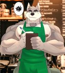 anthro apron barista biceps blurred_background chest_tuft claws clothing coffee_machine coffee_shop cross-popping_vein finger_claws frustrated fur green_apron green_clothing green_eyes grey_body grey_fur male menu menu_board muscular muscular_anthro muscular_male nipples notebook pecs pen scribble_censorship solo speech_bubble spoken_squiggle taking_order tuft white_body white_fur black-kun i_mean_breast_milk kobrin canid canine canis mammal wolf 2023 hi_res meme